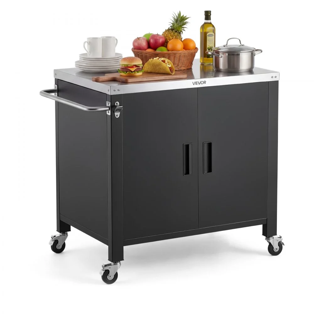 VEVOR Outdoor Grill Cart with Storage Cabinet, 40 Inch Grill Table, Waterproof Kitchen Island with Stainless Steel Top, Spice Rack, and Wheels, Movable Food Prep Station for Patio Bar Backyard BBQ