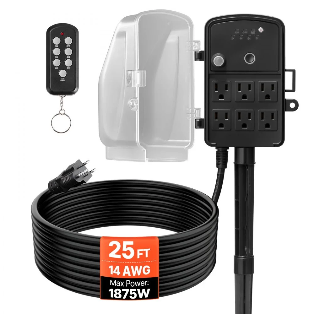 VEVOR Outdoor Power Stake, 25FT Extension Cord, Outdoor Power Strip Weatherproof with Cover, Remote Control Dusk to Dawn Light Timer Waterproof, 6 Outlets, 1875W/15A, for Christmas Lights, Garden