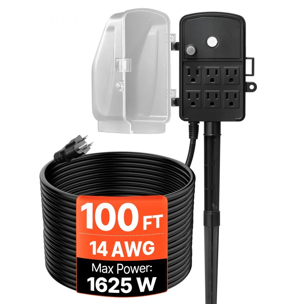 VEVOR Outdoor Power Stake, 100 FT Extension Cord, Outdoor Power Strip Weatherproof with Cover and Overload Protection, 6 Outlets, 13A/1625W, Waterproof Multi-Outlet Yard Stake for Christmas Lights