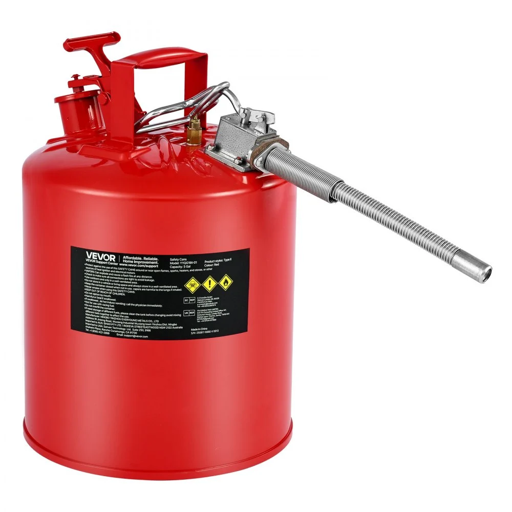VEVOR Safety Gas Can, 5 Gallon Type II Red Safety Can for Gasoline with Stainless Steel Flame Arrester, Self-Closing Lid & Flexible Metal Spout, Carbon Steel Flammable Storage with Ergonomic Handle
