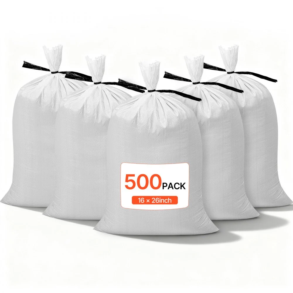 VEVOR Empty Sandbags, 500 Packs 16 x 26 in, Heavy Duty Sand Bags Sacks with Ties, 50lb Capacity Woven Polypropylene Sandbags, Tear-Resistant & UV-Resistant Sand Bags for Flood Protection Barrier