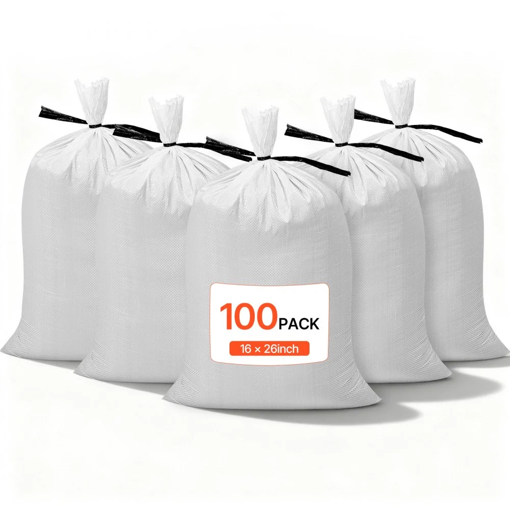 VEVOR Empty Sandbags, 100 Packs 16 x 26 in, Heavy Duty Sand Bags Sacks with Ties, 50lb Capacity Woven Polypropylene Sandbags, Tear-Resistant & UV-Resistant Sand Bags for Flood Protection Barrier