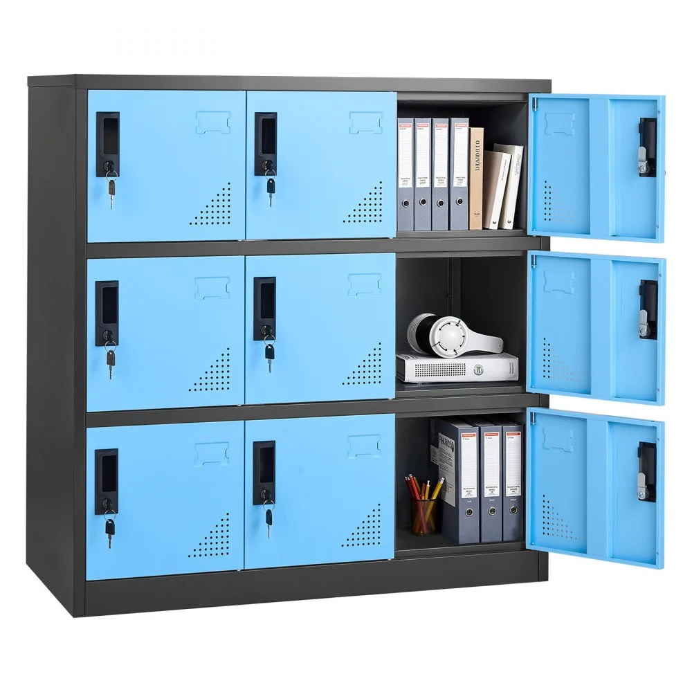 VEVOR 9 Doors Metal Locker, Lockable Steel Storage Cabinet, 66 lbs Loading Capacity, 2 Keys for Each Door, 3 Tiers Employee Lockers for Office, School, Gym, Easy Assembly, 35.4 x 17.7 x 37 in, Black