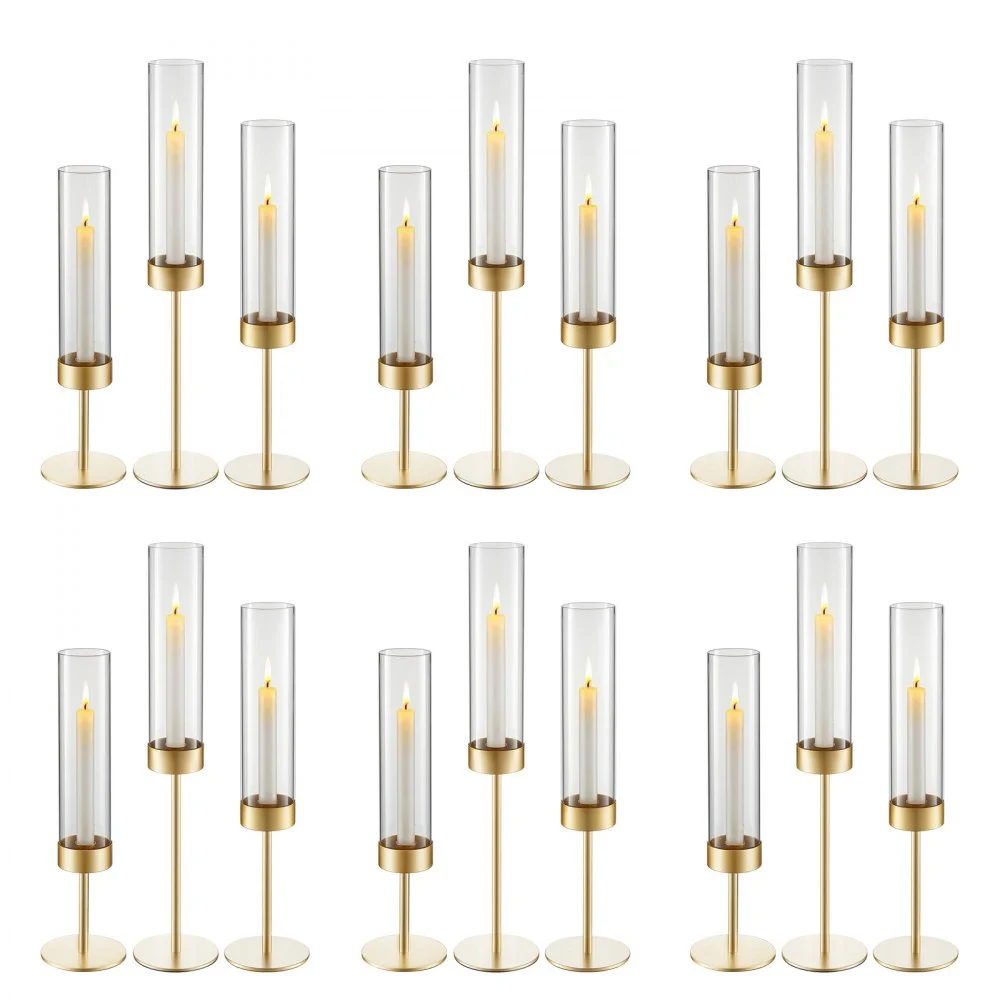 VEVOR Hurricane Candle Holders Set of 18, Gold Metal Stand with Clear Glass Cylinders, Elegant Tiered Centerpieces Wind Protection for Wedding, Table Centerpieces, Party, Home Decor, Modern Style