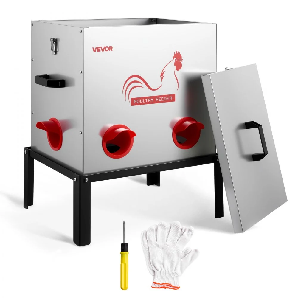 VEVOR Automatic Chicken Feeder, 50 lbs Capacity, 6 Feeding Ports No-Waste Poultry Feeder with Built-In Divider, with Latch & Handle, Metal Construction, for Chickens Bantams Pheasants Poultry Coop