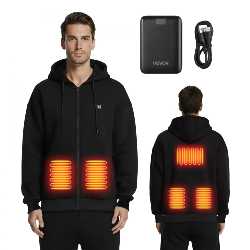 VEVOR Heated Jacket Hoodie for Men Women, Heated Sweatshirt Unisex Full-Zip with 7.4V 16000mAh Power Bank Pack, 5 Heating Zones, 3 Temp Levels, 4-8H Warmth, for Winter Outdoor Camping, Black, M Size