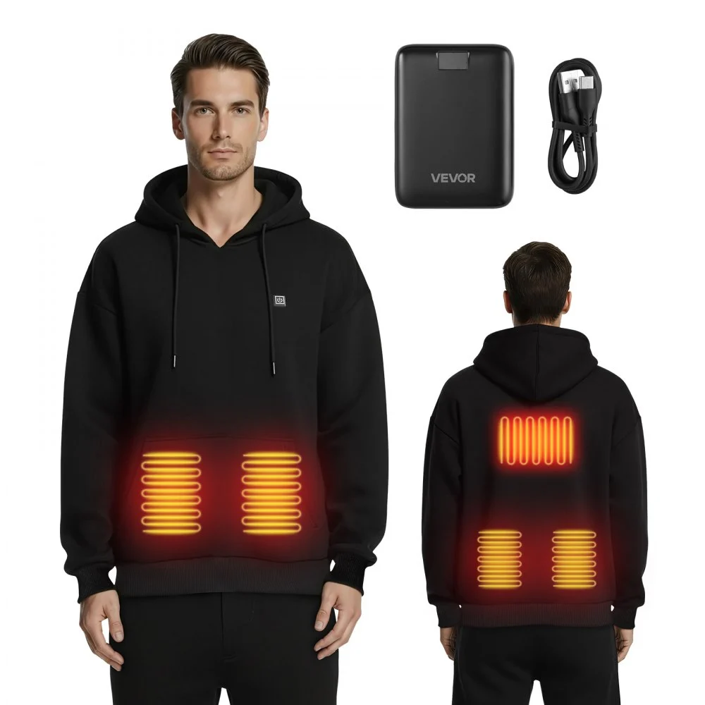VEVOR Heated Sweatshirt Hoodie for Men Women, Heated Jacket Unisex with 7.4V 16000mAh Rechargeable Power Bank Pack, 5 Heating Zones, 3 Temp Levels, 4-8H Warmth, for Winter Outdoor Camping, Black, XXL Size