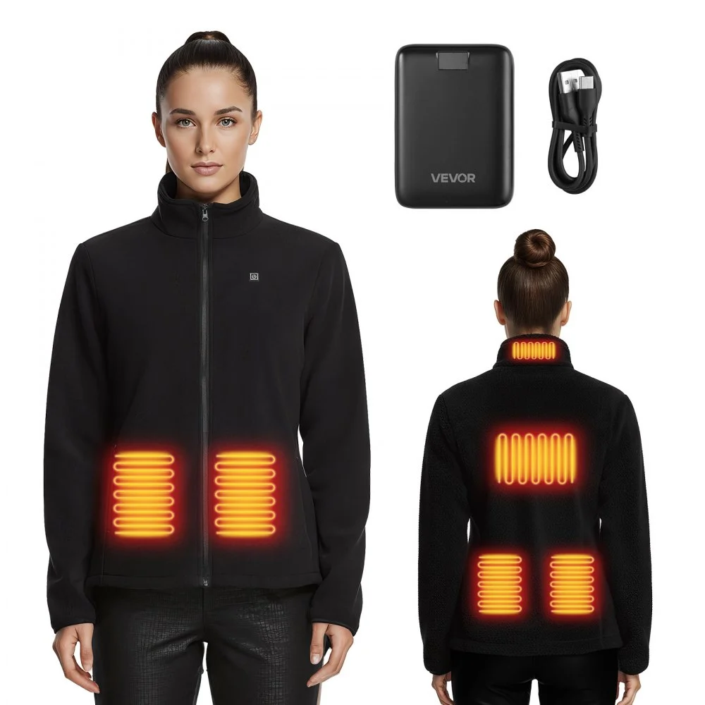 VEVOR Heated Fleece Jacket for Women, Heated Sweatshirt with 7.4V 16000mAh Rechargeable Power Bank Pack, 6 Heating Zones, 3 Temp Levels, 3h/6h/10h Warmth, for Winter Outdoor Camping, Black, L Size