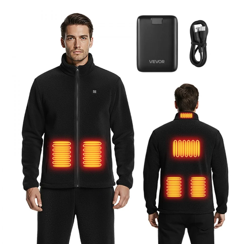 VEVOR Heated Fleece Jacket for Men, Heated Sweatshirt with 7.4V 16000mAh Rechargeable Power Bank Pack, 6 Heating Zones, 3 Temp Levels, 3h/6h/10h Warmth, for Winter Outdoor Camping, Black, XXXL Size