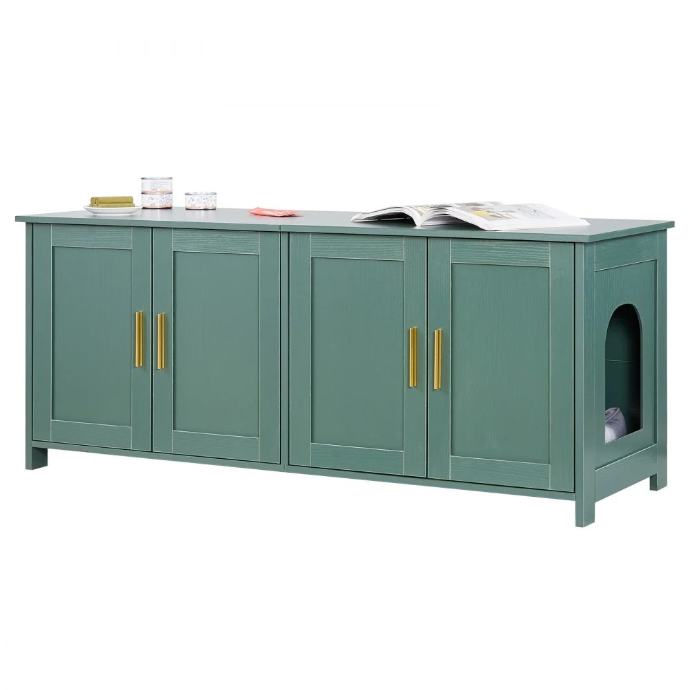 VEVOR Cat Litter Box Enclosure for Multi Cats, 47.2 in Hidden Litter Box Cabinet with 4 Doors & 2 Entries, Indoor Cat Washroom, Wooden Kitty House Furniture Side Table, Fit Most Litterboxes, Green