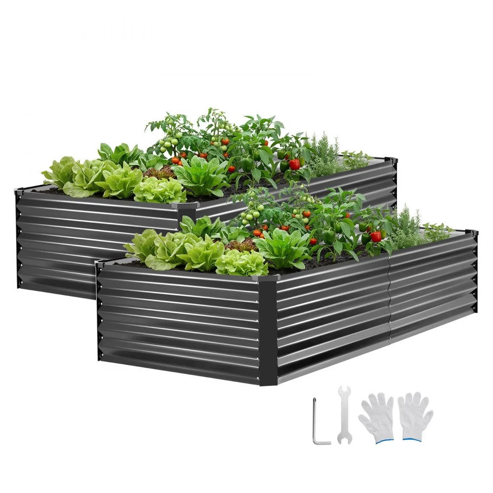 VEVOR 2 Pack Galvanized Raised Garden Beds, 6.67 x 3.35 x 1.51 ft, Rectangular Metal Planter Boxes Kit Outdoor, Elevated Planting Box with Gloves, Alu-Zinc, for Growing Flowers Vegetables, Dark Gray