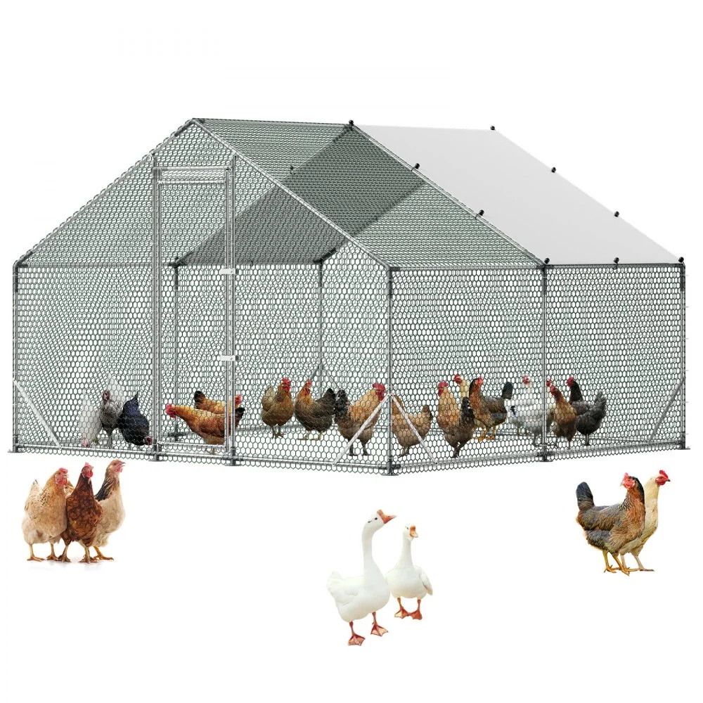 VEVOR Large Metal Chicken Coop, 9.8 x 9.8 x 6.6 ft, Walk-in Chicken Run House with Waterproof Cover & Sturdy Frame, Spire Roof Poultry Cage Duck Pen for Rabbit Hen Goose Outdoor Backyard Farm Use
