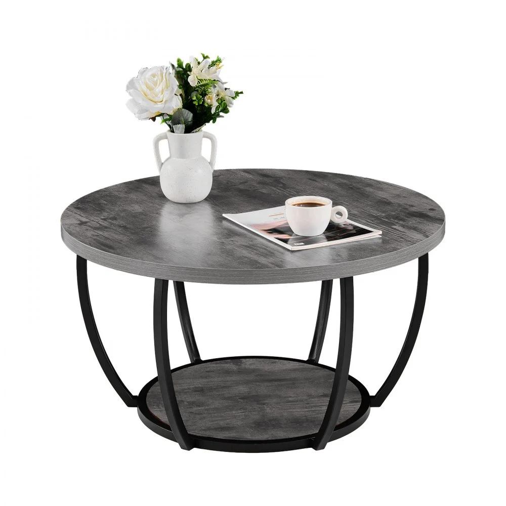VEVOR Coffee Table, Modern Round Coffee Table, 2 Tiers Wooden Circle Center Desk with Open Storage, Minimalist Sturdy Metal Frame Accent End Desk for Living Room, Office, Easy Assembly, Grey