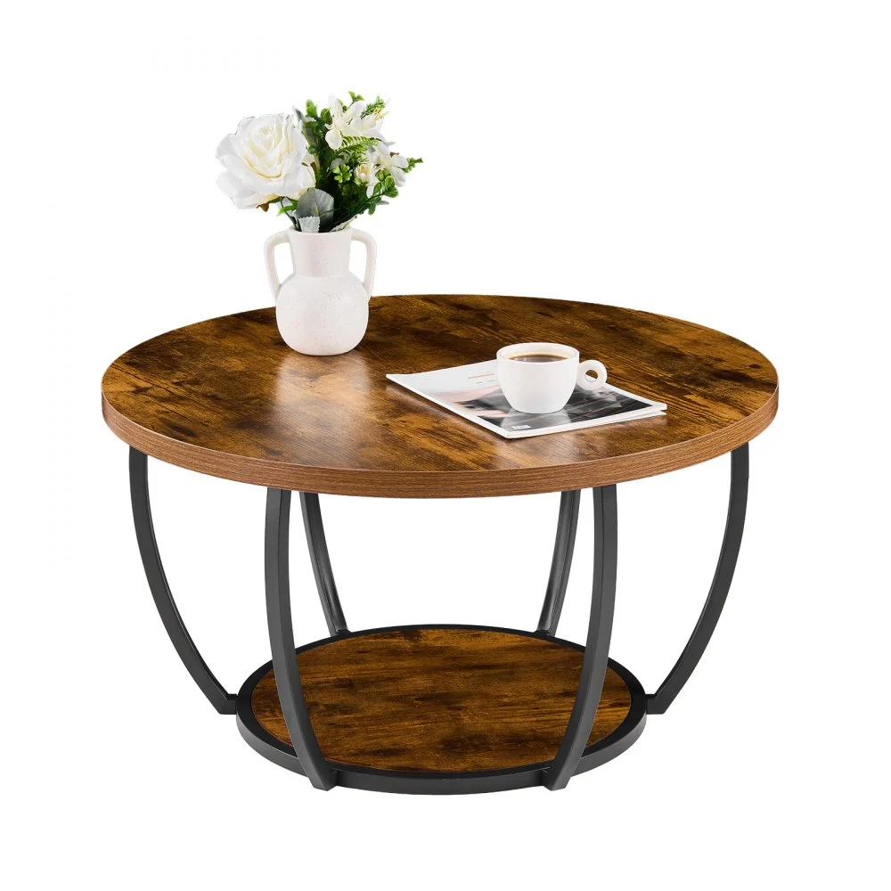 VEVOR Coffee Table, Modern Round Coffee Table, 2 Tiers Wooden Circle Center Desk with Open Storage, Minimalist Sturdy Metal Frame Accent End Desk for Living Room, Office, Easy Assembly, Rustic Brown