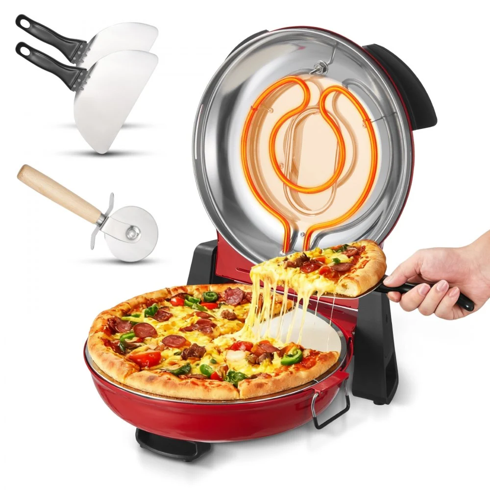 VEVOR Pizza Oven, 12 in Electric Pizza Maker, 1200W Electric Pizzas Cooker with Cordierite Stone, 5-Mode Temperature Control, Viewing Window for Precise Cooking, Heats up to 788 ˚F, for Home (Red)