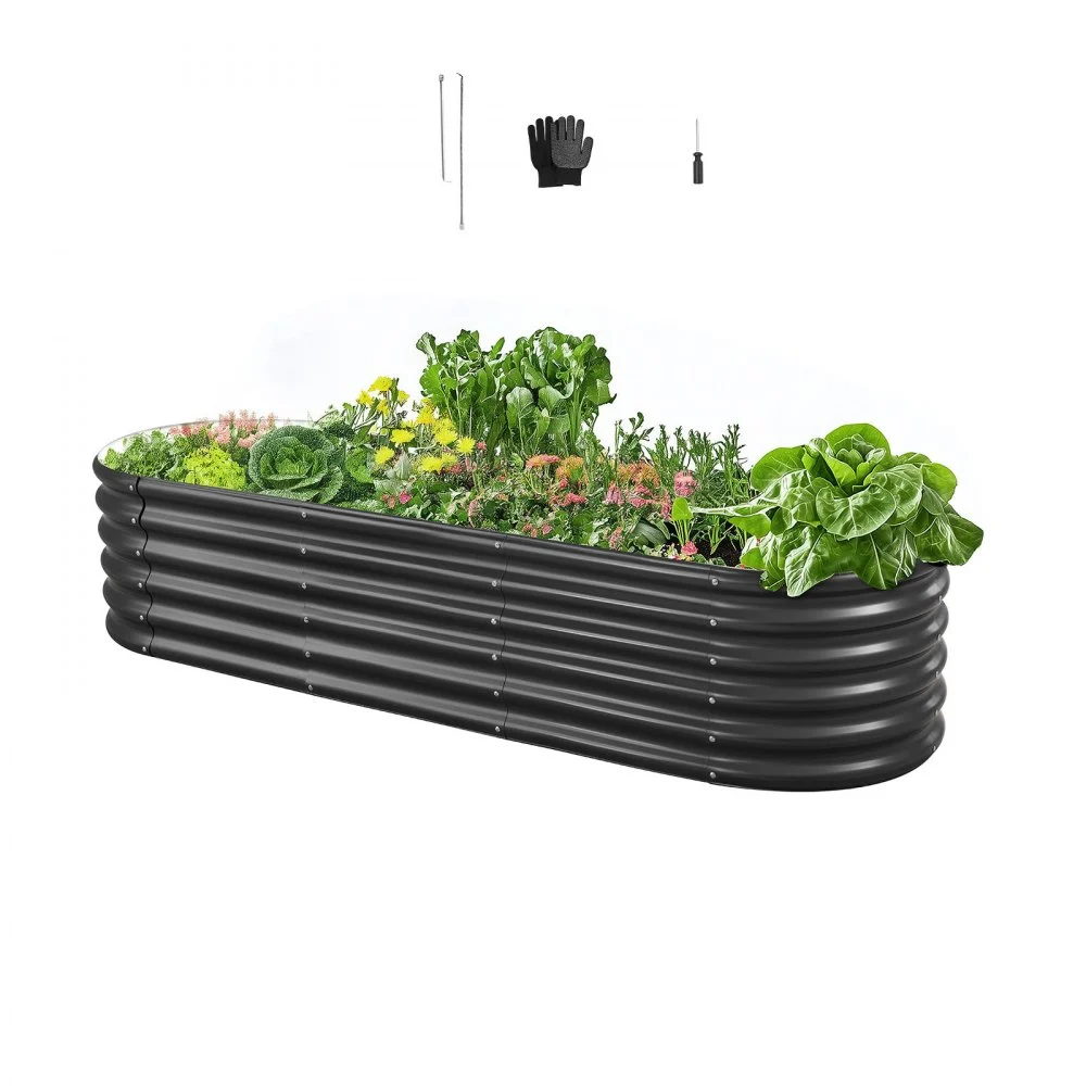 VEVOR Metal Raised Garden Bed, 6.56 x 1.97 x 1.4 ft Oval Outdoor Galvalume Planter Garden Box, Open Bottom Design, Large Planter Raised Bed for Growing Vegetables, Flowers, Succulents, Dark Gray