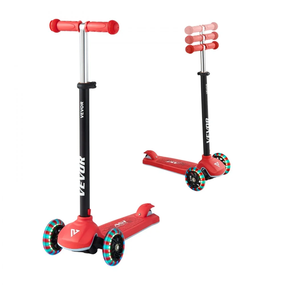 VEVOR Kick Scooter for Kids Ages 3+, 3-Wheel Toddler Scooter with Light-Up Wheels, Adjustable Height Handlebar, Wide Anti-Slip Deck, Lightweight Aluminum Frame for Boys & Girls up to 165 lbs, Red