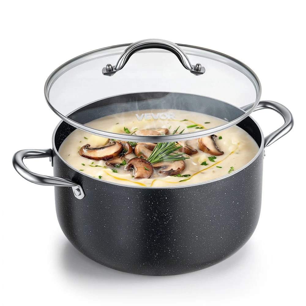 VEVOR Aluminum Stock Pot, 8-Quart Nonstick Ceramic Coated Pot with Glass Lid, PFOA-Free, PFAS-Free, Compatible with Gas Stoves, Induction Cooktops, Electric Stoves, for Soups, Stews, and Pasta