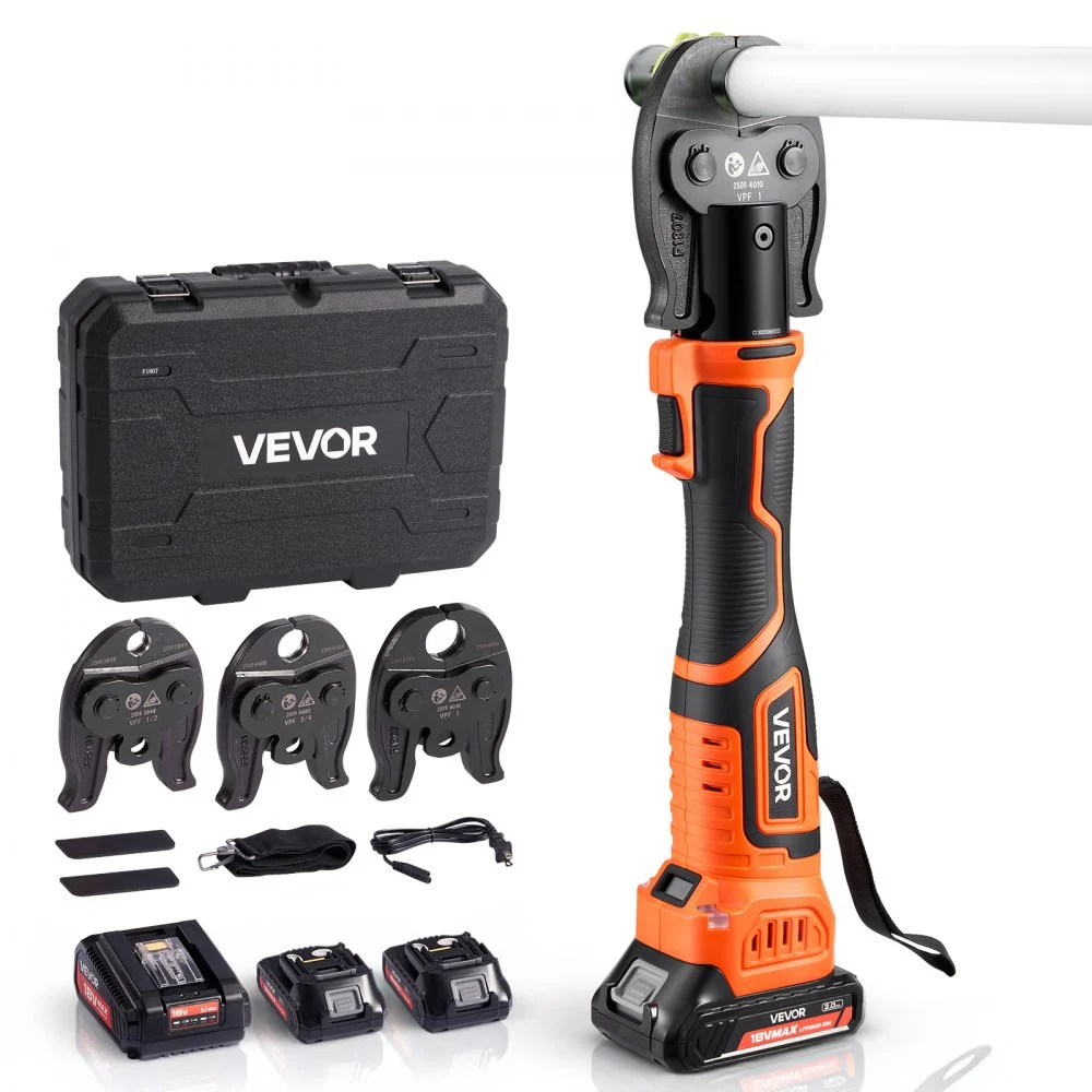 Summer Sale
VEVOR Press Tool, 18V Electric Pipe Crimping Tool for 1/2" 3/4" 1" PEX Pipe Stainless Steel Rings, 24KN PEX Press Tool Compatible with PureFlow - with 3 VPF Jaws, 2pcs 2AH Batteries, Charger & Toolbox