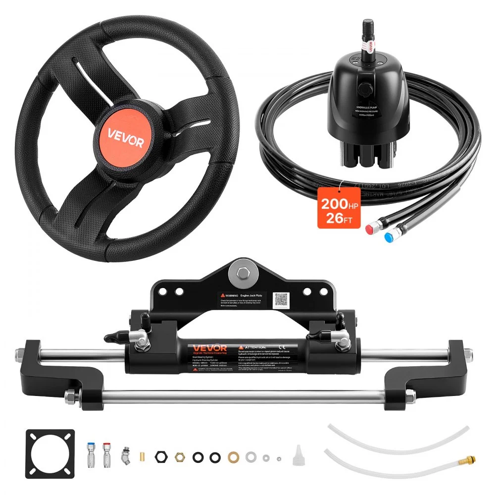 Summer Sale
VEVOR Outboard Hydraulic Steering Kit, 200 HP, Marine Boat Hydraulic Steering System with 6.9 MPa Two-Way Lock Helm Pump, Cylinder, 2 PCS 26 ft Hoses, 13.5" Wheel for Single Station, Single-Engine Use