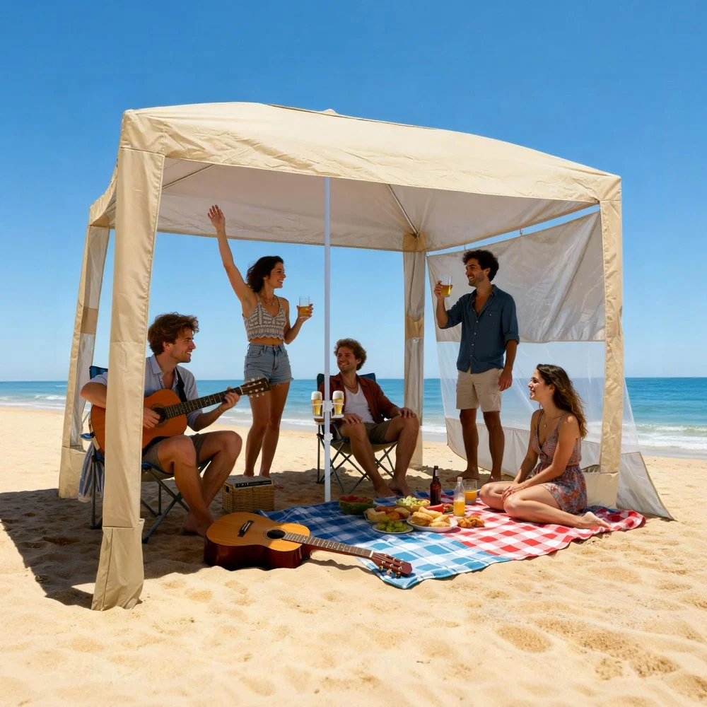 VEVOR Beach Cabana, 8 x 8 ft Beach Canopy with Side Wall, UPF 50+ Protection Easy Setup Cabana Tent with Sand Pockets, Adjustable Height Portable Shade Sun Shelter Umbrella for Family & Friends, Khaki