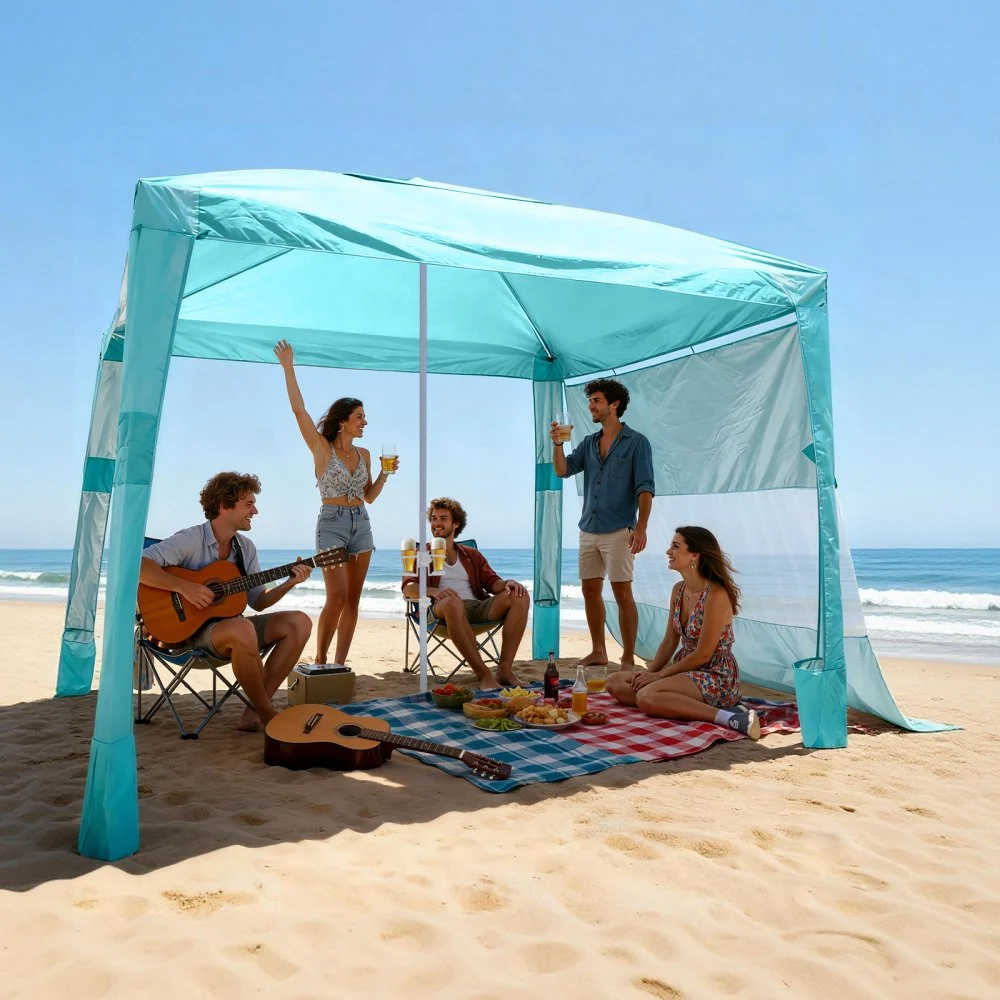 VEVOR Beach Cabana, 8 x 8 ft Beach Canopy with Side Wall, UPF 50+ Protection Easy Setup Cabana Tent with Sand Pockets, Adjustable Height Portable Shade Sun Shelter Umbrella for Family & Friends, Green