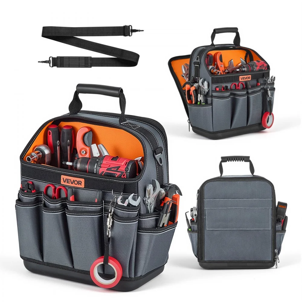 VEVOR Tool Bag, 13.2 Inch, 39-Pocket Open Top Tool Pouch, Portable Electrical Maintenance Toolbox Organizer Storage with Hard Plastic Base, Adjustable Shoulder Strap, for Professionals DIY & Jobsite
