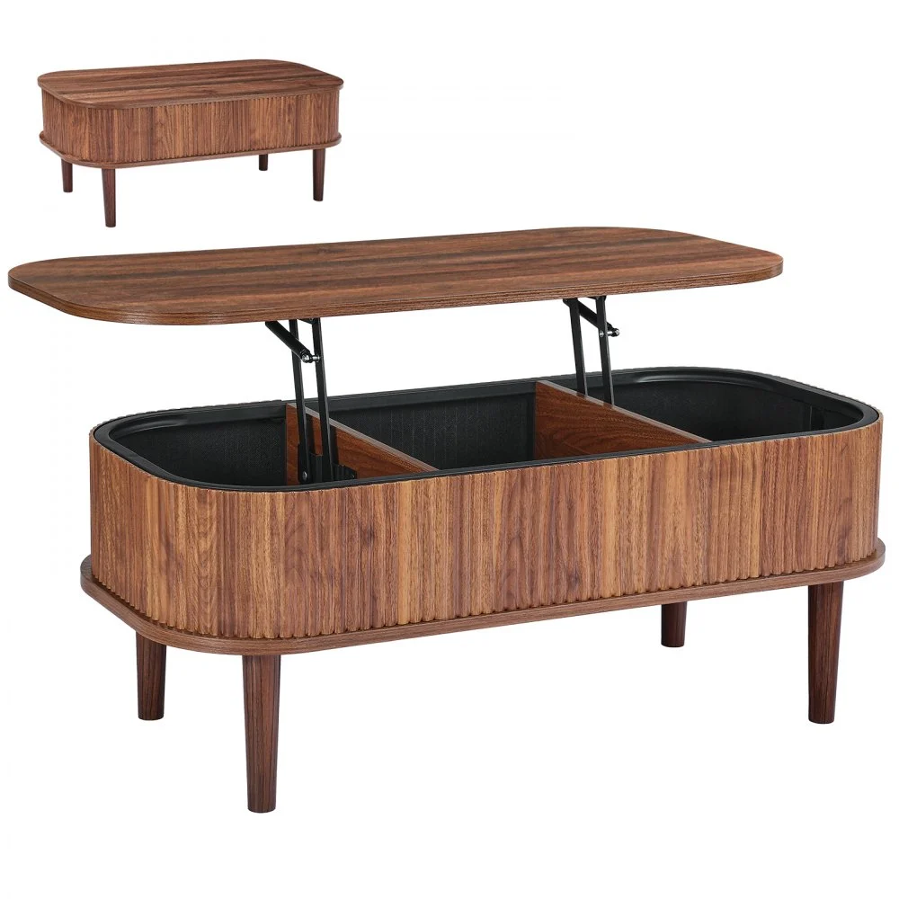 VEVOR 39.4 in Lift Top Coffee Table, Fluted Oval Coffee Table with 3 Hidden Compartment, Mid Century Wooden Oval Center Desk with Storage, Lift Up Tabletop for Home & Office, Easy Assembly, Walnut