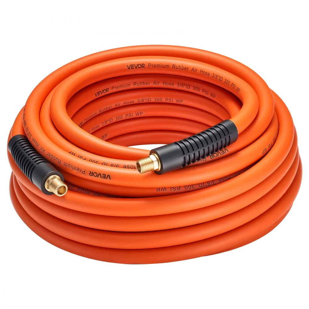 VEVOR Air Hose, 3/8'' x 50FT Rubber Air Compressor Hose, 300 PSI Kink-Resistant Pneumatic Hoses with 1/4-inch Solid MNPT Bras Fittings, Three-Layer Construction, All-Weather Flexibility