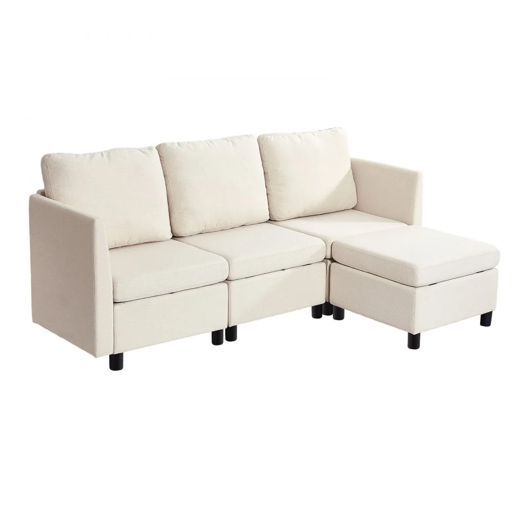 VEVOR Modular Sectional Sofa, 3-Seater Modular Sofa with Hidden Storage, Cloud Sectional Couch with Ottoman & High Rebound Sponge, Solid Wood Frame Upholstered Couch for Living Room, Bedroom, Beige