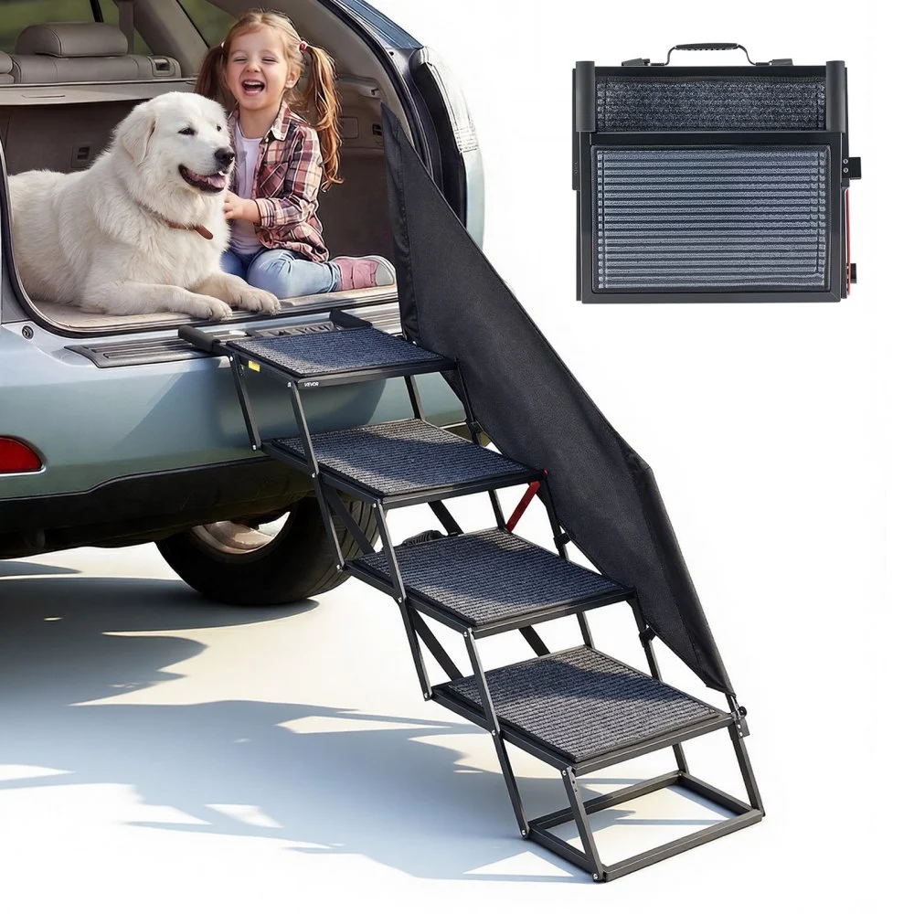VEVOR Dog Stairs for Car, 4 Steps Extra Wide Foldable Dog Ramp for Large Dogs with Non-Slip Rug Surface, Portable Lightweight Pet Ladder for Car, SUV, Truck, High Beds, Sofas, Support up to 400 lbs