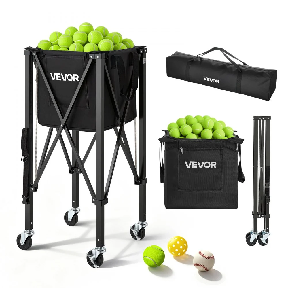 VEVOR Tennis Ball Hopper, Holds 150 Tennis Balls, Foldable Pickleball Basket Cart with Wheels for Easy Pick Up, Lightweight Aluminum Alloy, Portable Pickleball Caddy with Storage Bag, for Training