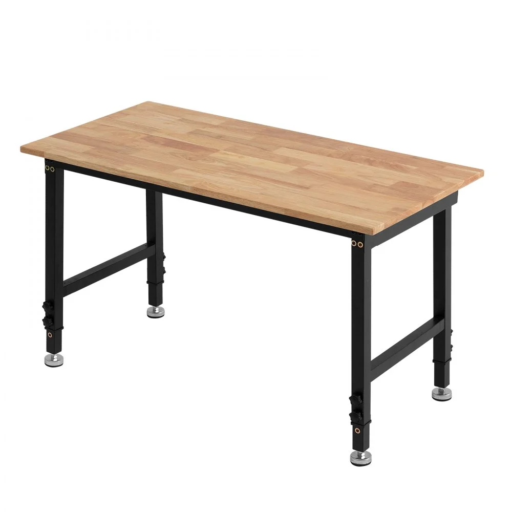 VEVOR Adjustable Workbench, 1500 lbs Capacity, 48 x 24 Inch Oak Wood Top Workbench with 26.3-40.2 Inch Height Adjustment, Heavy-Duty Hardwood Worktable for Garage, Workshop, Home, Office, Commercial