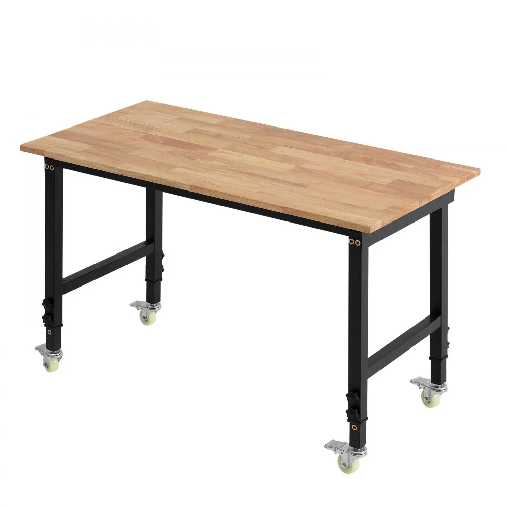 VEVOR Adjustable Workbench on Wheels, 1500 lbs Capacity, 48 x 24 Inch Oak Wood Top Workbench with 28.5-42.3 Inch Height Adjustment, Heavy-Duty Hardwood Worktable for Garage, Workshop, Home, Office