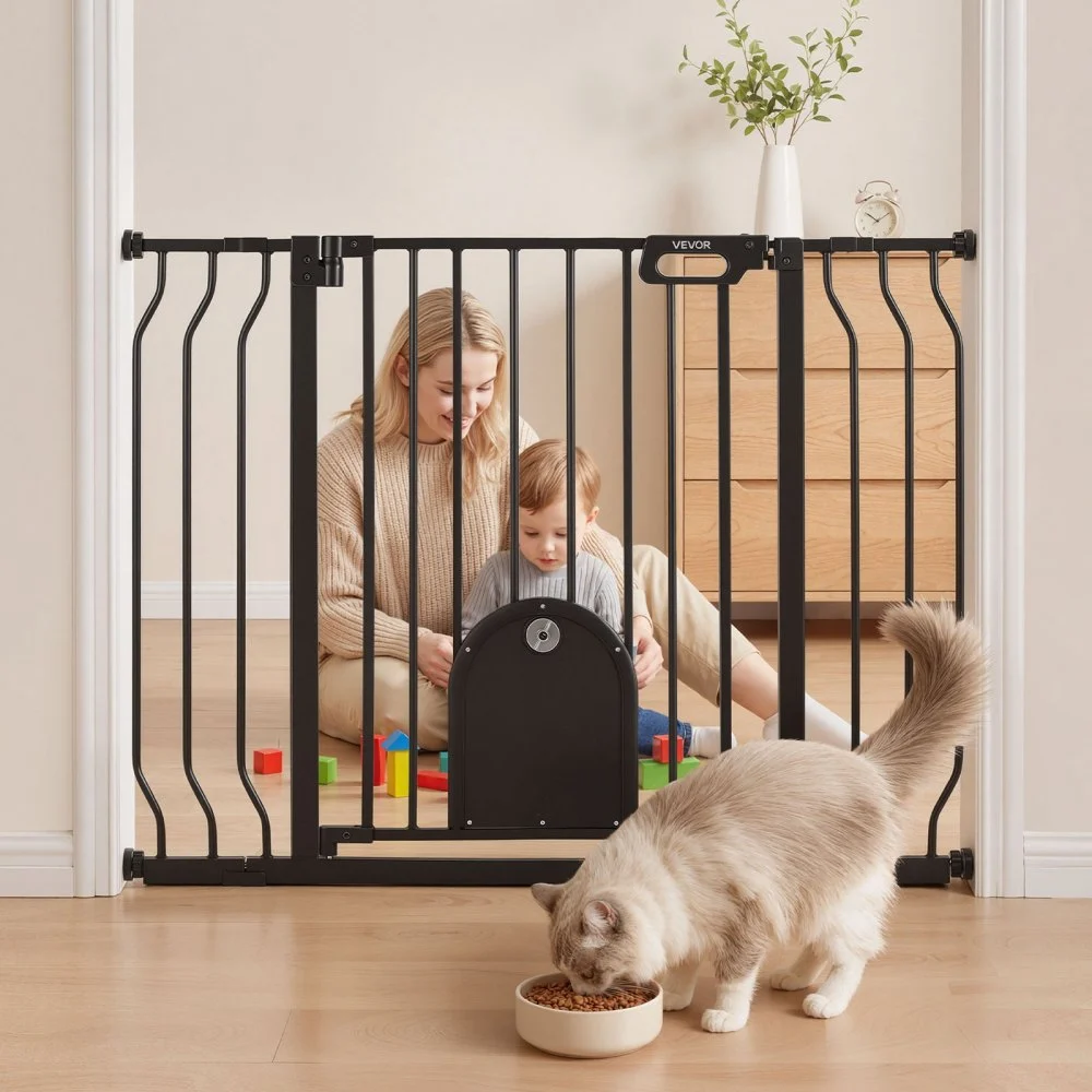 VEVOR Baby Gate for Stairs, 29.5-43 in Adjustable Width, Baby Gate with Adjustable Cat Door, with Pressure Mount Kit and Wall Mount Kit, Secure Metal Pet Door for Stairs, Doorways, and House, Black