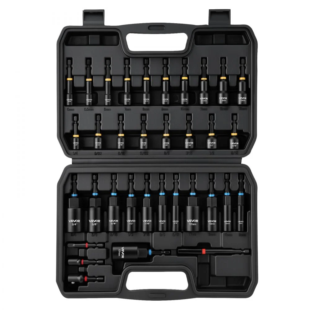 VEVOR Master Magnetic Impact Nut Driver Set 34-Piece, Metric & SAE Sizes, with Nut Setter, Quick Release Extension, Wing Nut Driver, Storage Box, Versatile for Automotive, Machinery, and DIY Tasks