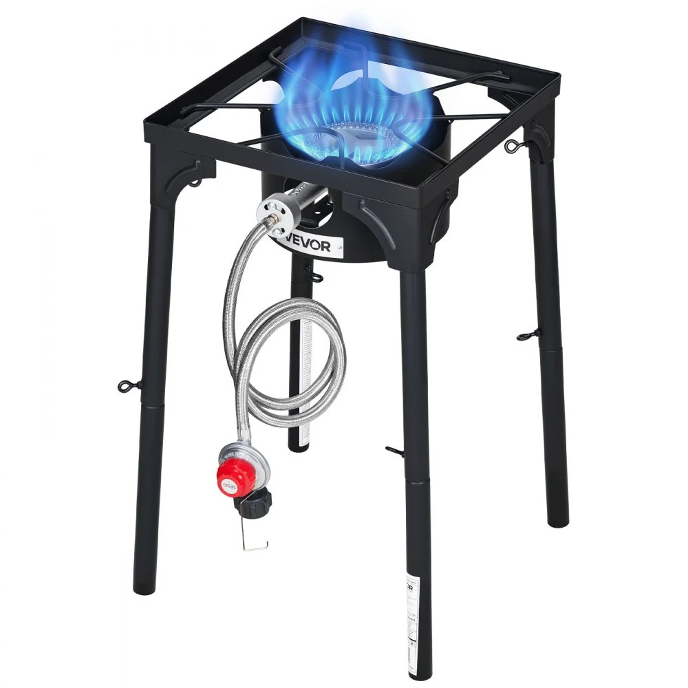 VEVOR Single Burner Outdoor Propane Gas Stove, 100,000 BTU Propane LPG Gas Camping Stove, Heavy Duty Carbon Steel Outdoor Cooker, with Tall Stand & PSI Regulator, for BBQ Camp Home Patio RV Cooking