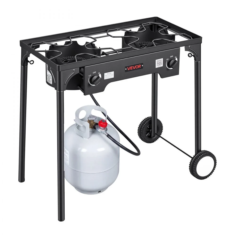 VEVOR 2 Burner Outdoor Propane Gas Stove, 150,000 BTU Propane LPG Gas Camping Stove, Heavy-duty Carbon Steel Outdoor Cooker, with 2 Wheels & 20 PSI Regulator & Hose, for BBQ Camp Home Patio Backyard