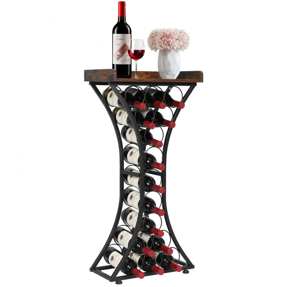 VEVOR 15 Bottle Wine Rack, Freestanding Floor Wine Holder Stand Liquor Cabinet with Wood Tabletop, Easy Assembly Floor Storage Rack, For Home Bar Kitchen Living Room Dining Room, Black