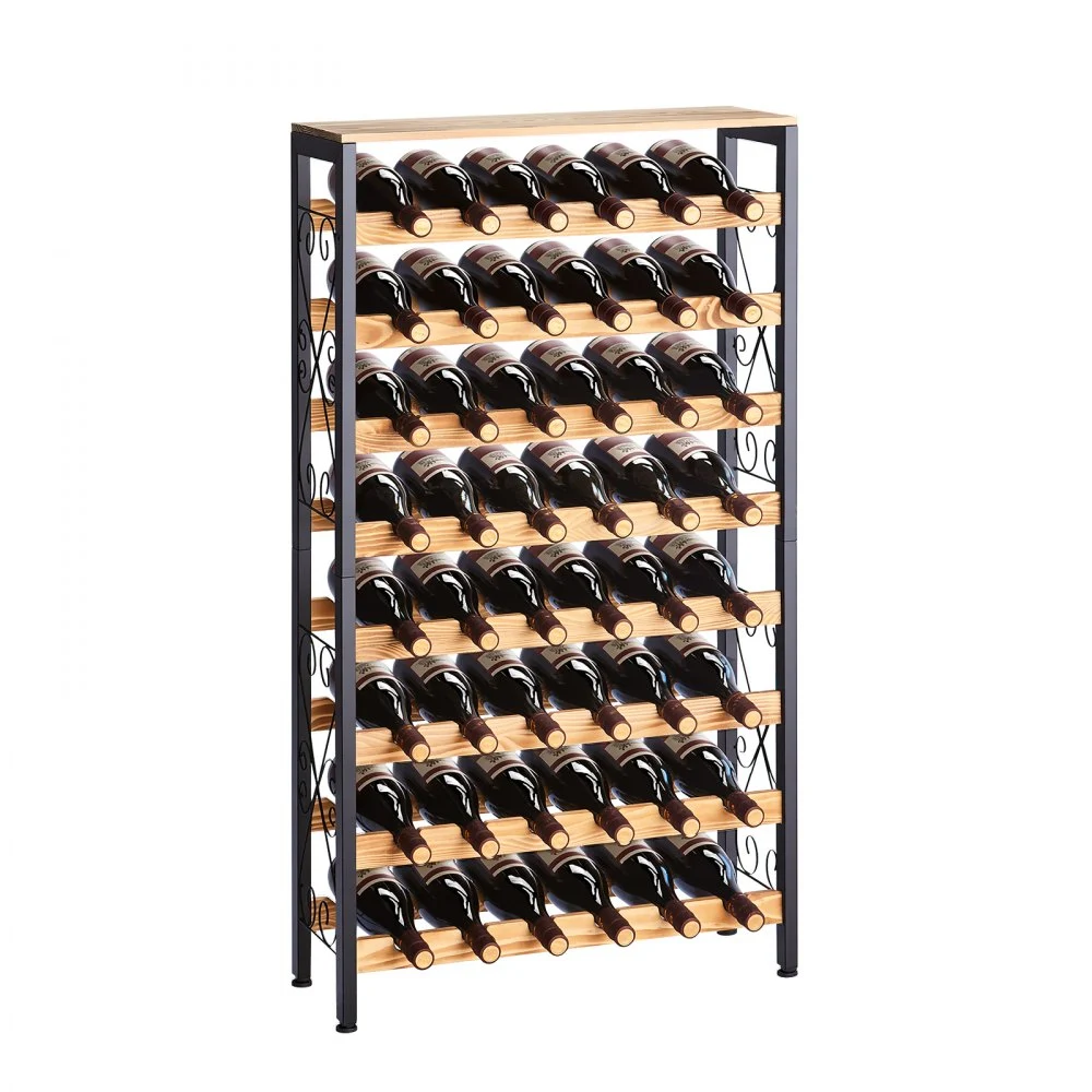 VEVOR 48 Bottle Wine Rack,8-Tier Wine Bottle Holder,Freestanding Floor Display Wine Storage Shelves with Wood Table Top,For Kitchen Pantry, Cellar, Bar, Dining Room, Living Room, Black