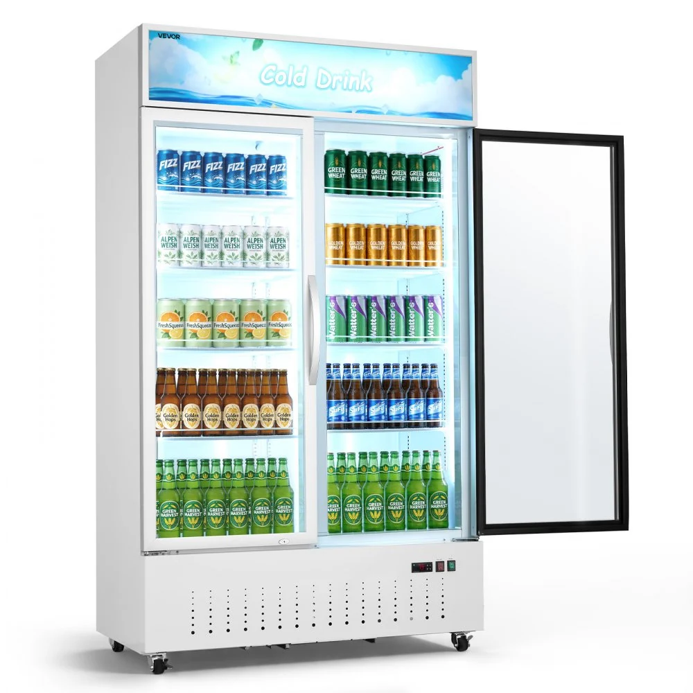 Summer Sale
VEVOR Commercial Merchandiser Refrigerator, 35.3 Cu.Ft / 1000L Upright Beverage Cooler, 2 Glass Door Display Refrigerator with Customizable Lightbox, 8 Adjustable Shelves, Soft LED Lighting & Casters
