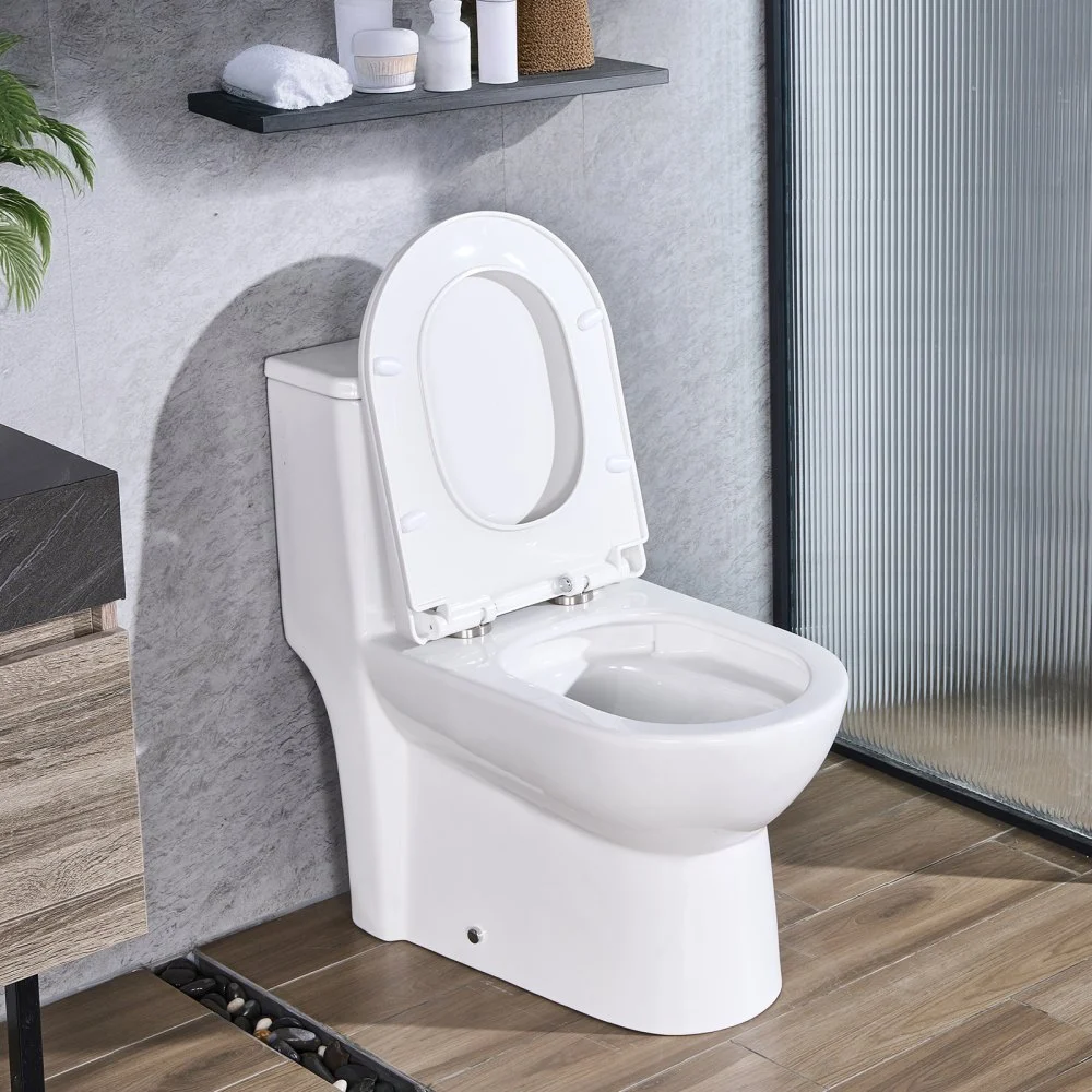 VEVOR One-Piece Toilet, Elongated Toilet Vortex Dual-Flush 1.1/1.6 GPF, Toilets for Bathroom with Comfortable Chair Seat, 12 inch Rough-In, Black + White, Easy-Clean Skirted Design, Standard Height