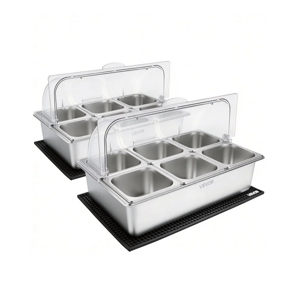 VEVOR Countertop Food Serving Display Container, Stainless Steel Food Salad Server Tray, Buffet Condiment Dispenser, Ice Cooled Rack with Clear Roll Top Cover, for Restaurant Hotel (6x1/6 Pan x2)