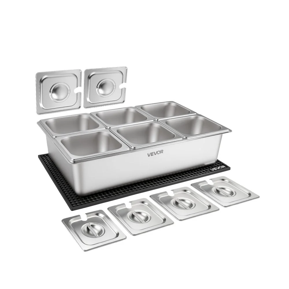 VEVOR Countertop Food Serving Display Container, Stainless Steel Food Salad Server Tray, Buffet Condiment Dispenser, Ice Cooled Rack with Separate Lid, for Restaurant, Hotel, Party (6x1/6 Pan)