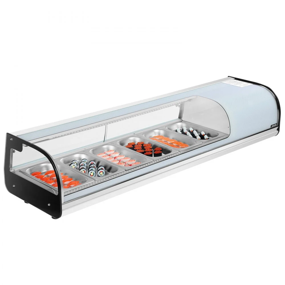 VEVOR Sushi Display Case Refrigerator, 2.2 Cu.ft Commercial Sushi Case, 6-Pan Countertop Showcase with Curved Glass, LED Lighting, and Digital Temperature Control, for Sushi-Bar, Restaurant, Store