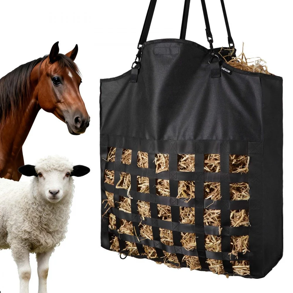 Summer Sale
VEVOR Hay Bag for Horses, 21.65 x 7.28 x 25.2 in, 1.81 x 1.81 in Holes, Premium Nylon Construction with PVC Waterproof Coating, Adjustable Hanging Straps and Metal Hooks, Slow Feed Hay Bag for Horses