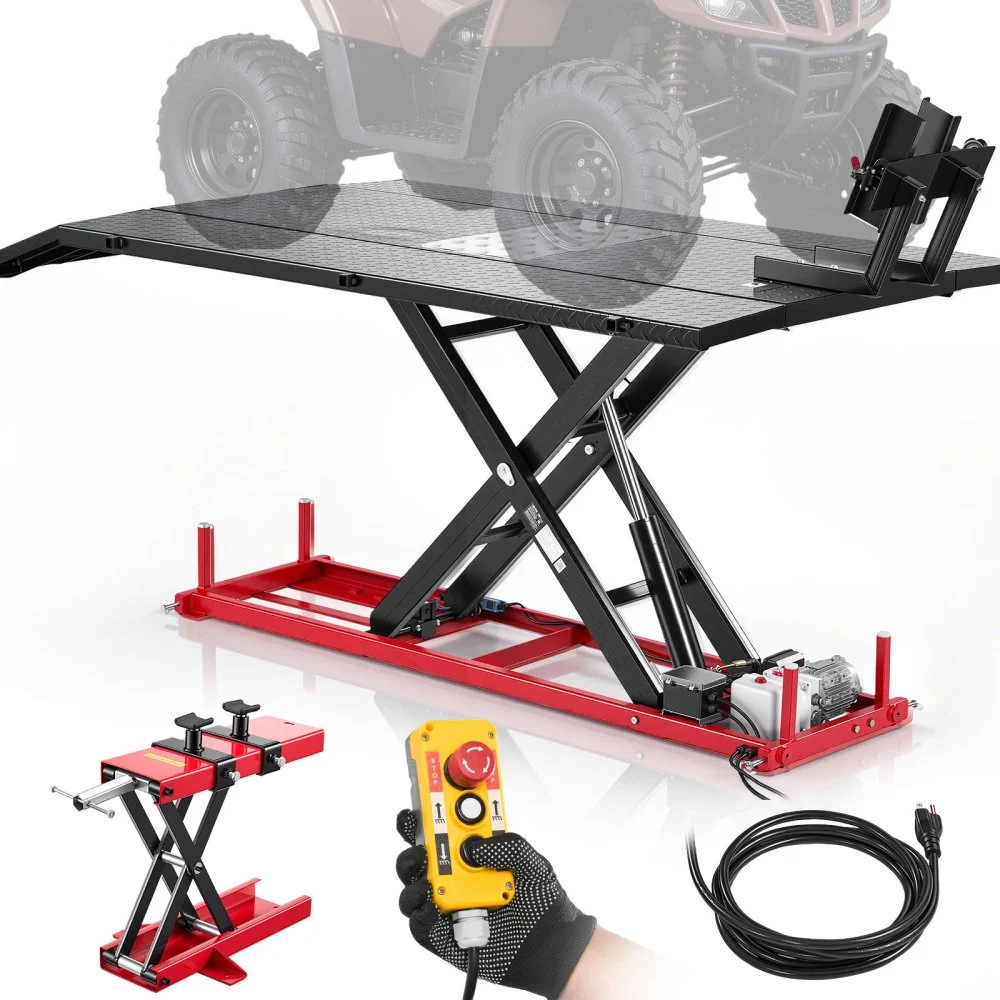 Summer Sale
VEVOR Motorcycle Lift Table, 1500 lbs Capacity, Electric Hydraulic Pump with Scissor Lift Jack, Wheel Chock, 9.05"-41.73" Height, 78.3" x 50.4" Extra-Wide Heavy Duty Repair Stand for ATV, Dirt Bike