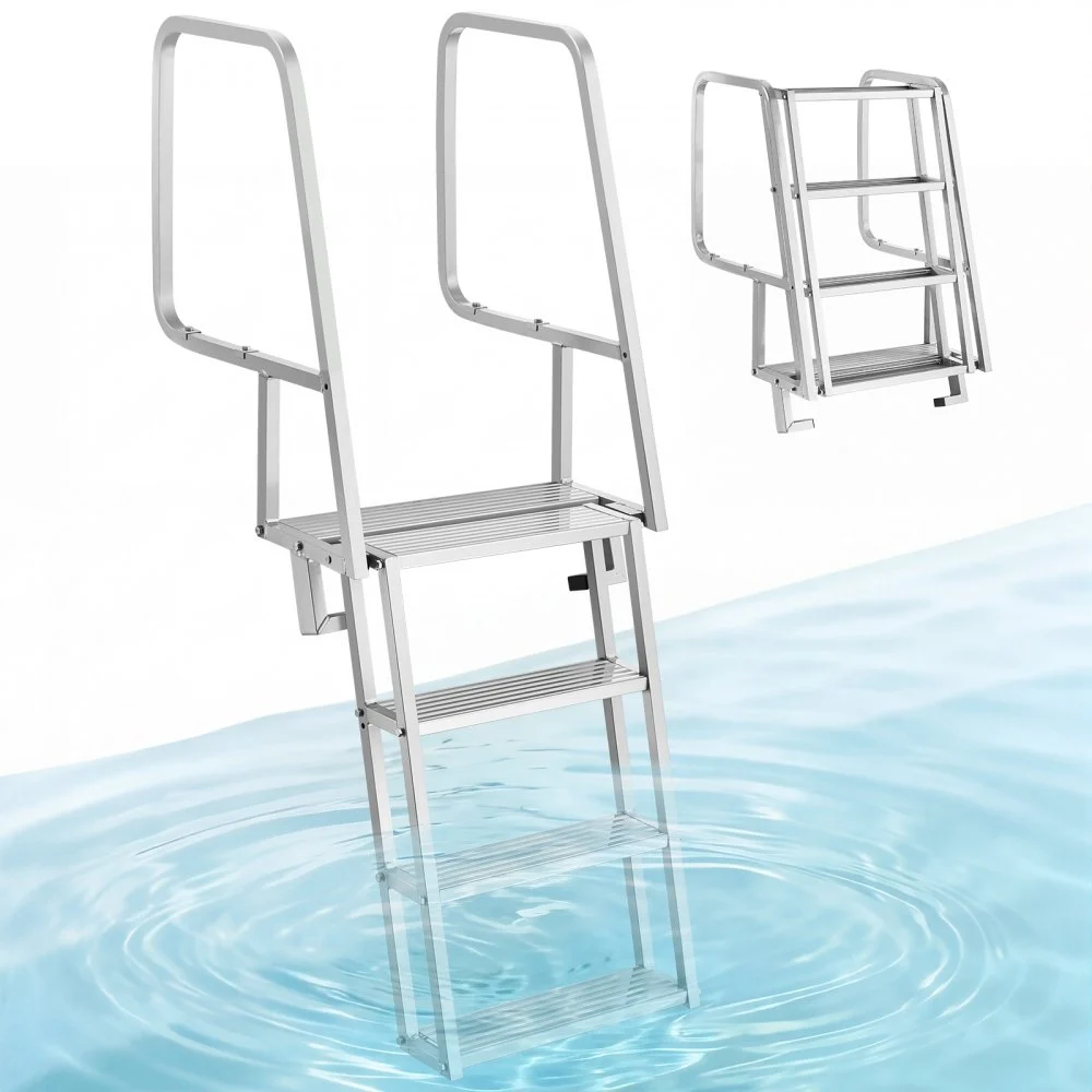 VEVOR Flip-Up Dock Ladder, 4-Step, Heavy-Duty Aluminum Alloy Pontoon Boat Swim Ladder, with Non-Slip Wide Steps, 350 lbs Weight Capacity, Pull Rope Assist, Comfort Use for Lake Pool Marine Boarding