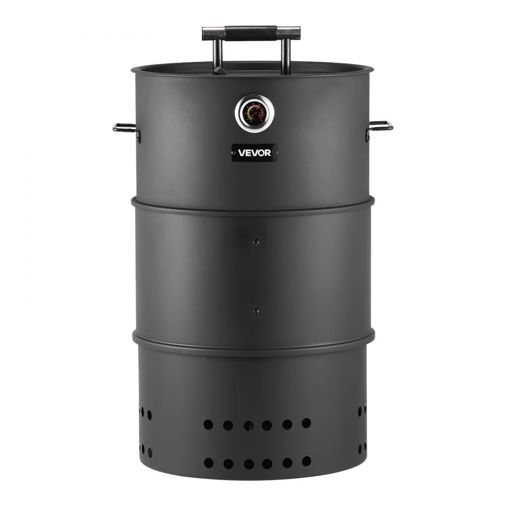VEVOR Charcoal Smoker Grill, 18.5" Barrel Charcoal BBQ Smoker, Coated Steel Outdoor Barbecue Grill with 2 Grilling Grates, 1 Hanging Rod, 6 Hooks & Thermometer, Ideal for Party Backyard Patio Cooking
