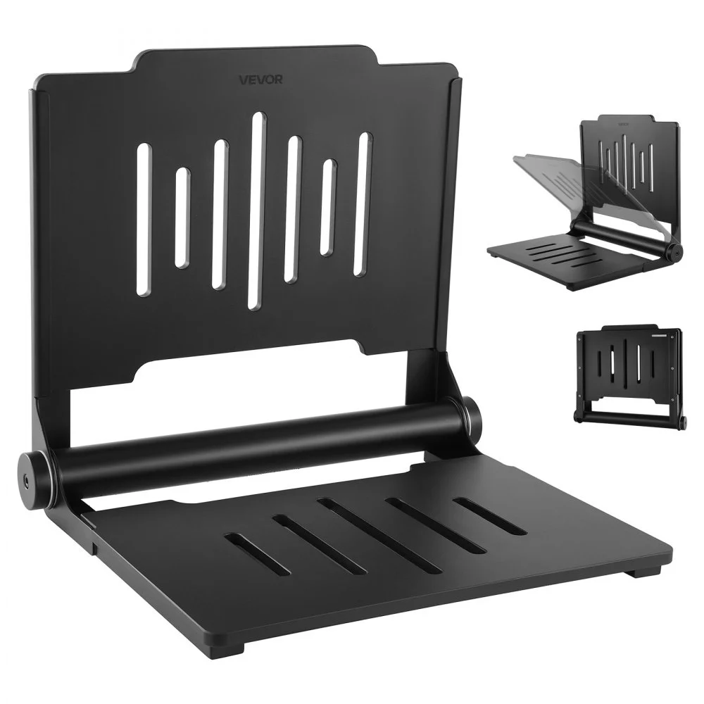 VEVOR Foldable Shower Seat Wall Mounted, 17.8" Folding Shower Bench with Supportive Backrest, Plastic Fold-Down Bathroom Corridor Seat with Stainless Steel Frame for Adults Seniors, 400LBS Loading